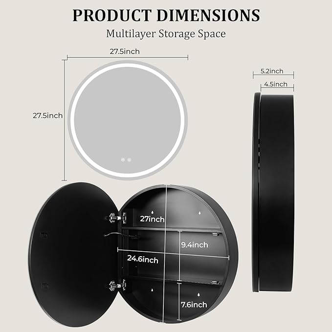 WallBeyond 28 in Round LED Medicine Cabinet with Mirror, Black Bathroom Cabinet with Storage, 3 Color Stepless Dimmable Lights, Anti-Fog, Memory Function, Hardwired, Surface Mount