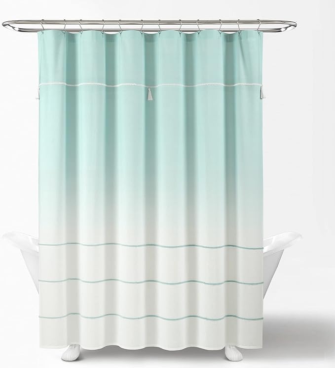 Lush Decor Ombre Embroidery Tassel Cotton Shower Curtain Single 72" W x 72" L Aqua - Blue Shower Curtains for Bathroom - Ombre Bathroom Curtain