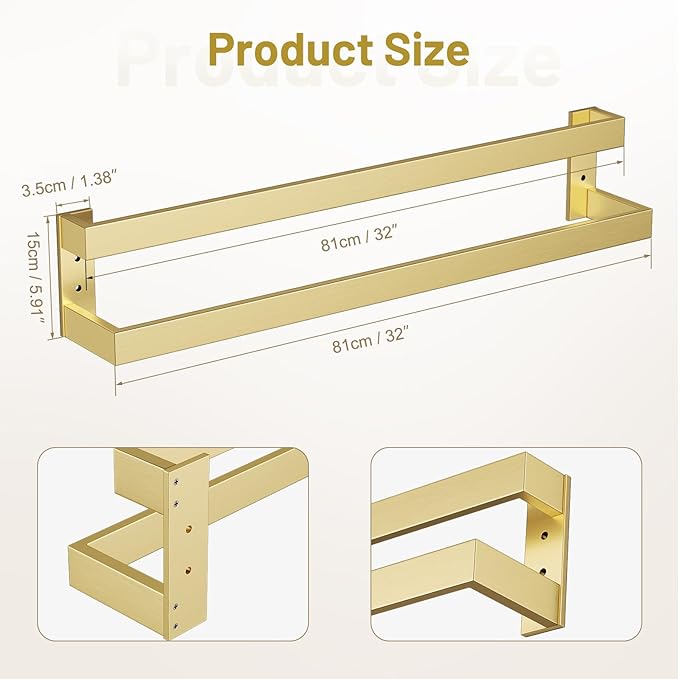 TNOMS Double Towel Bar,Towel Rack for Bathroom Stainless Steel Wall-Mounted Bathroom Hardware Accessories Brushed Gold 32 Inch