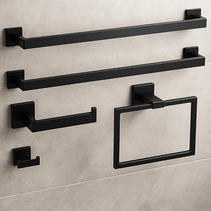 Matte Black Bathroom Hardware Set, 5-Piece SUS304 Stainless Steel Towel Bar Set, 23.8 Inch Wall Mounted Bathroom Accessories, Includes Toilet Paper Holder, Towel Ring & Hooks