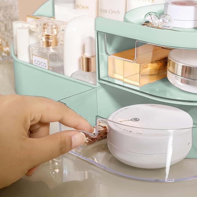 Makeup Organizer Stand Desk Storage Dressing Table Organiser Cosmetic Organizer Box Skin Care Table Bathroom Organiser Makeup Storage Box Makeup Vanity with Transparent Drawer(Green)