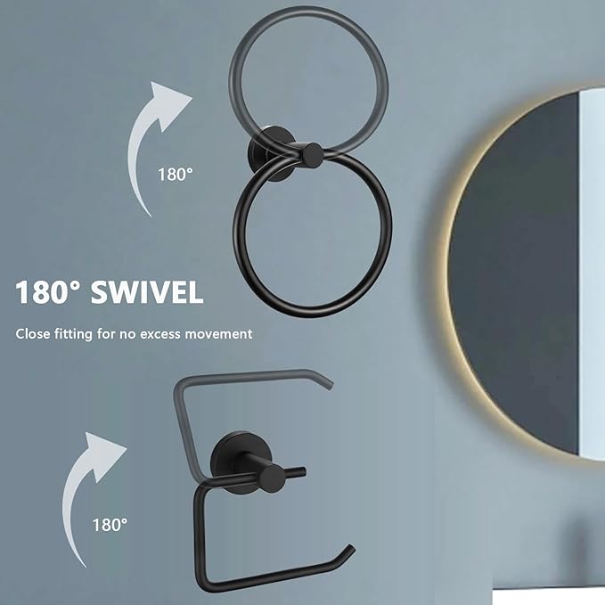 Towel Ring and Toilet Paper Holder Set, Stainless Steel Bath Towel Hanger and Tissue Roll Holders, Bathroom Hardware Accessories Wall Mounted 2 Pieces (Matte Black)
