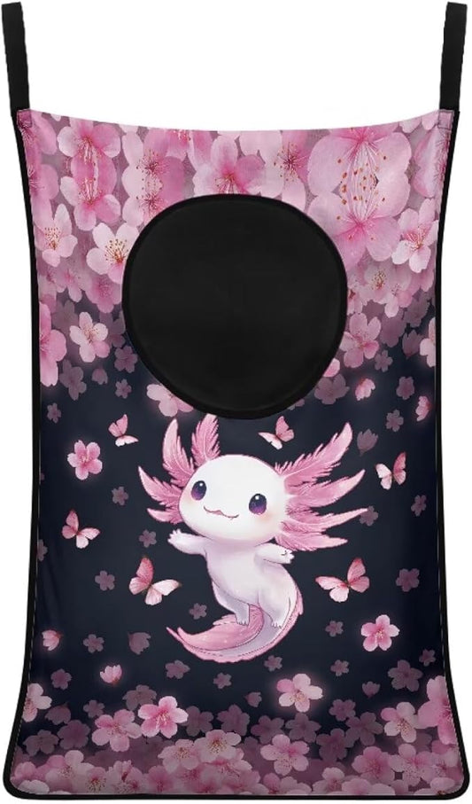 ZOUTAIRONG Pink Axolotl Cherry Blossoms Hanging Laundry Bags for Closet Laundry Basket Clothes Hamper Large Storage Organizer for Kids Bedroom, Bathroom Clothes Hampers