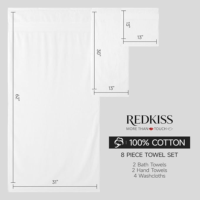 REDKISS 8 Piece White Towels Set - 100% Cotton Towels Set with 2 Large Bath Towels, 2 Hand, 4 Washcloths, 600 GSM Highly Absorbent Bath Towel Sets, White Quick Dry Shower Towel for Family Dorm Gym