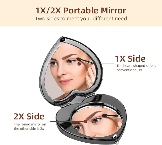 Mini Vintage Heart Elegant Metall Makeup Mirror, Portable 1X/2X Magnifier (Black)