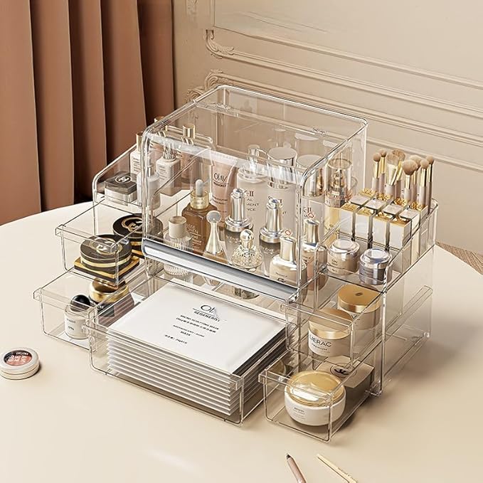 Makeup Organizer with Lid Drawers Translucent Skincare Holder Large Capacity Cosmetics Countertop Storage Box for Vanity Easy Visibility Dustproof (Gold Clear,Large + Brush + Cream Organizer)