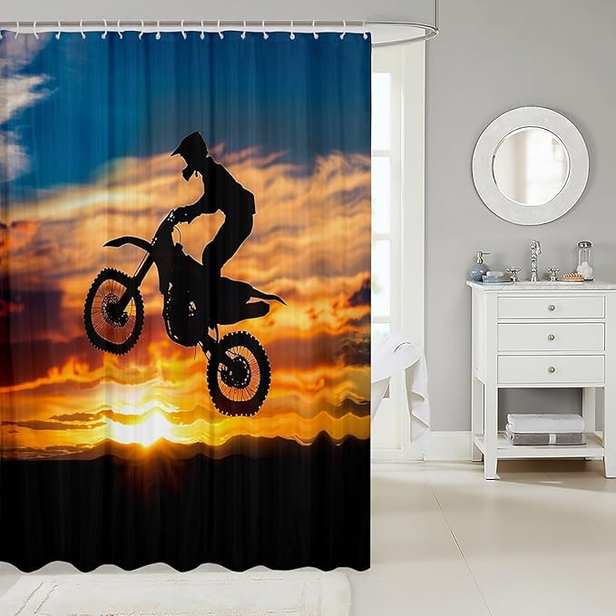 Feelyou Motocross Rider Shower Curtain for Girls Boys Dirt Bike Motorbike Bath Curtain Decorative Extreme Sports Theme Bathroom Shower Curtain Set Chic Sunset Waterproof Curtain 72"x78"