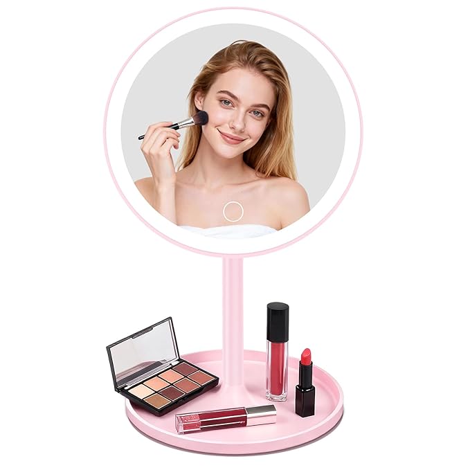 Makeup Mirror with Lights, 4-in-1 Rechargeable Magnetic 360° Rotation Pink Vanity Mirror, 3 Colors & Brightness Adjustable, Detachable, Lighted Makeup Mirror for Desk, Travel