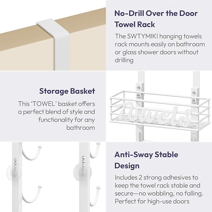 SWTYMIKI Hanging Towel Racks for Bathroom - 6 Tier Over The Door & Wall Mounted Bath Rolled Towel Storage Organizer Holder for Small Bathroom, RV, Camper, White (Patented)
