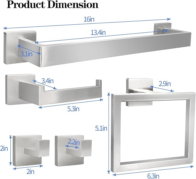 5pcs Bathroom Hardware Set, 16in Towel Bar Set, Including Square Towel Bar Square Towel Ring Toilet Paper Holder Towel Hooks, Set SUS304 Stainless Steel, Wall Mounted