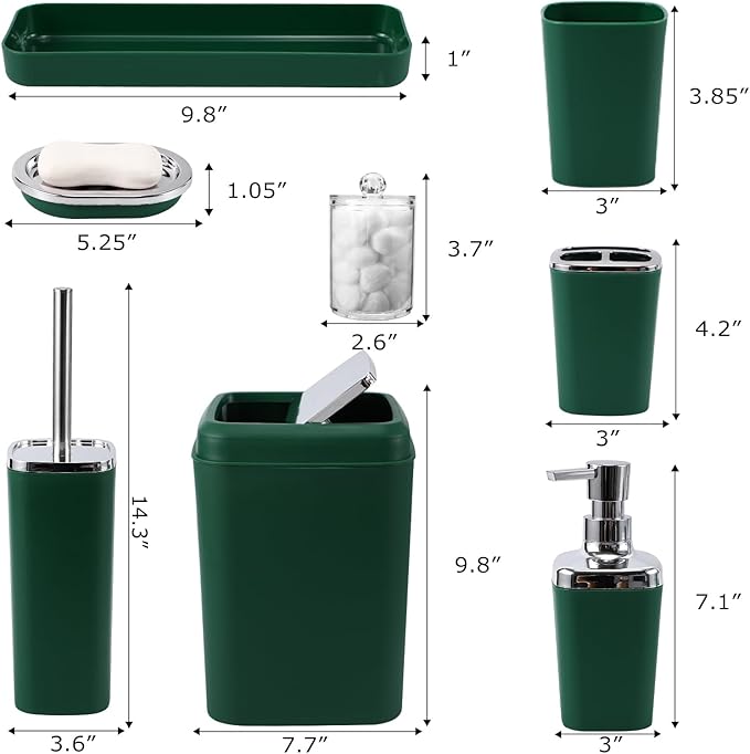 XLHOMO Dark Green Bathroom Accessories Set, Green Bathroom Set with Trash Can, Toothbrush Holder, Toothbrush Cup, Soap Dispenser, Soap Dish, Toilet Brush Holder, 2 Qtip Holder Dispensers and Tray