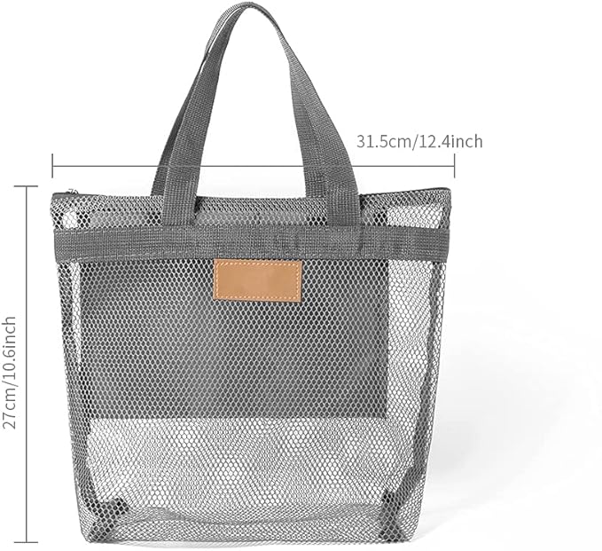 Mesh Shower Caddy, Quick Dry Portable Tote with Zipper and Inner Pocket, Beach Bag, Lightweight Bath Organizer for College Dorm, Swimming, Gym, Beach, Travel (Gray)