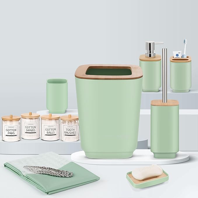 IMAVO 11 Piece Green Bathroom Set, Trash Can, Toilet Brush, Storage Tray, Complete Bathroom Accessories Organization Kit for Bathroom Décor and Home Gifts