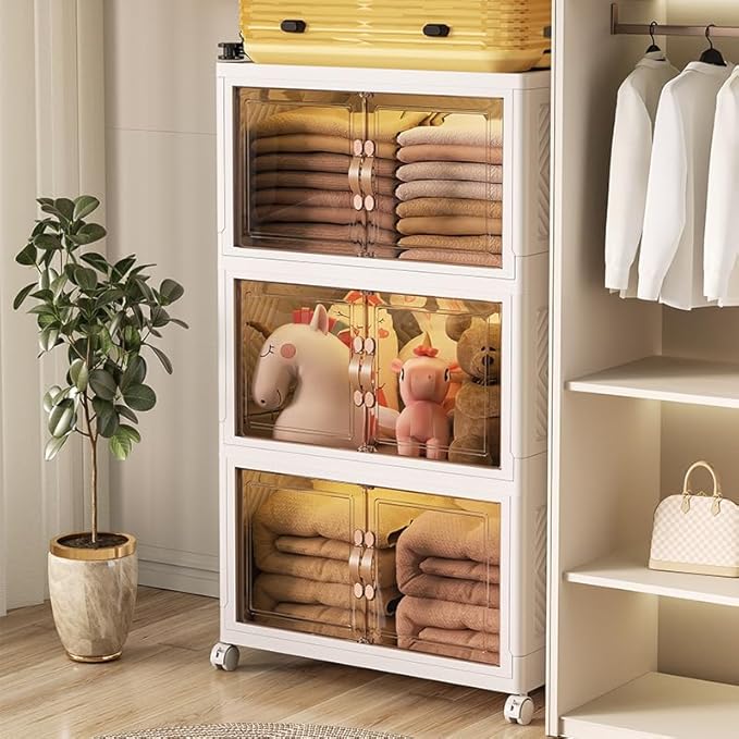 4 Tier Stackable Storage Bins with Lids, Total 144QT (4×36QT) Foldable Closet Organizer with Wheels, Collapsible Plastic Storage Boxes for Clothes, Toys, Kitchen, Office, and Dorm Room