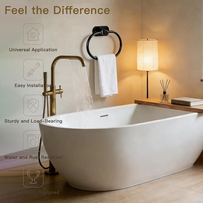 Besteffie Adhesive Towel Ring Self Adhesive Hand Towel Ring Stainless Steel Rustproof Bathroom Towel Holder Wall Mount SUS 304 Stainless Steel Matte Black