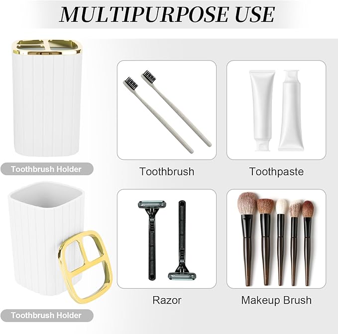 2PCS Bathroom Accessories Set, White and Gold Bathroom Accessories Include Soap Dispenser and Toothbrush Holder for Boho Bathroom Decor