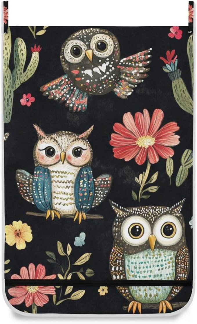 Black Owls Cactus Butterfly Hanging Laundry Hamper Door Hampers Bag Basket with Stainless Steel Hooks Oxford Fabric Printing Decorative Clothes Bags 29.5X20inch 2Pack