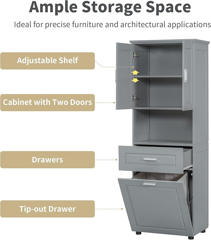 Virubi Tall Laundry Cabinet with Tilt Out Laundry Hamper and Drawer, Modern Wood Bathroom Storage Cabinet with Doors and Adjustable Shelves, Freestanding, Grey