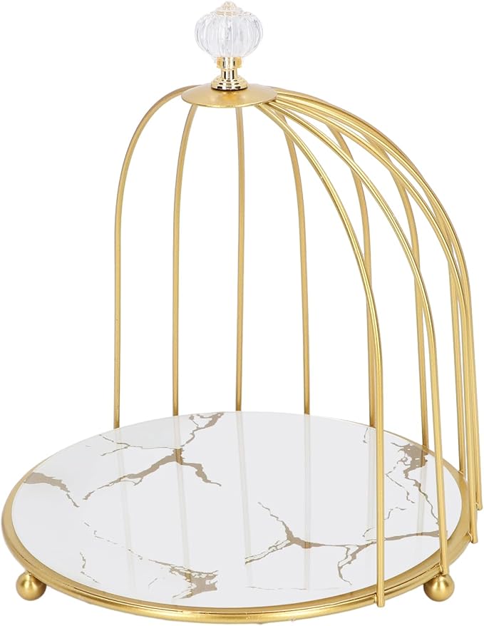 TOPINCN Cosmetics Organizer Shelf, Bathroom Desktop Metal Storage Holder for Makeup and Skincare, Bird Cage Gold Frame, 1 Tier Vanity Jewelry Display Tray for Bathroom Bedroom (White