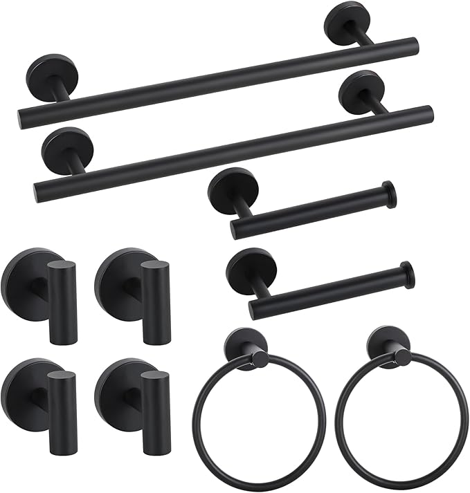Matte Black Bathroom Hardware Set, Bathroom Towel Holder Bar Set 10 PCS, SUS304 Stainless Steel Towel Rack Set for Bathroom-16 Inch Towel Bar, Toilet Paper Holder, Towel Hooks, Towel Ring