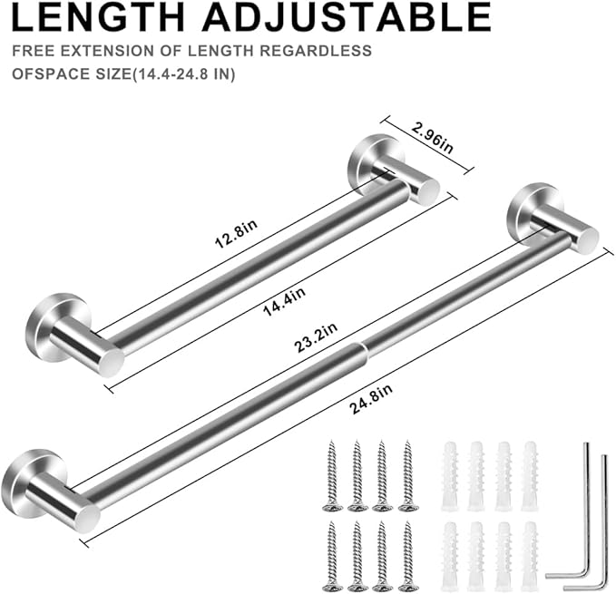 MGahyi 5 Pieces Bathroom Accessories Set, Stainless Bathroom Hardware Set, Extendable Towel Racks for Bathroom(12.8-24.8inch), Robe Towel Hooks Toilet Paper Holder Towel Ring (Silver)