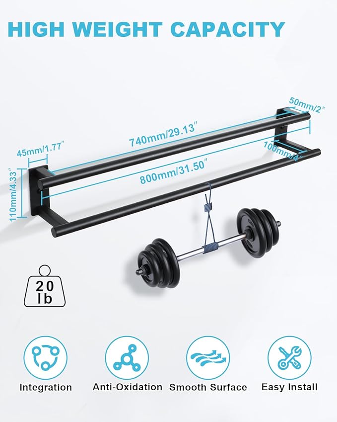 Alise Bathroom Double Towel Bar, 32 Inch Wall Mount Towel Holder, Towel Racks for Bathroom, SUS304 Stainless Steel Towel Hanger, Thickened Pipe with Strong Load-Bearing Capacity, Matte Black