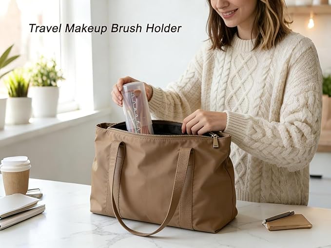 Retractable Travel Makeup Brush Holder, Clear Plastic Brush Cup with Lid, Portable Brushes Organizer for Makeup Artists | Vanity, Multi-Purpose Pen Pencil Container & Straw Holder, 3pcs