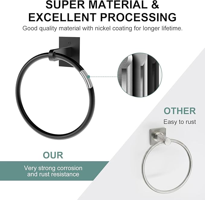 Bathroom Hand Towel Holder, Matte Black Towel Ring Hanger, Stainless Steel Towel Rings for Bathroom Wall Mount, Heavy Duty Towel Hanger for Bath, Kitchen