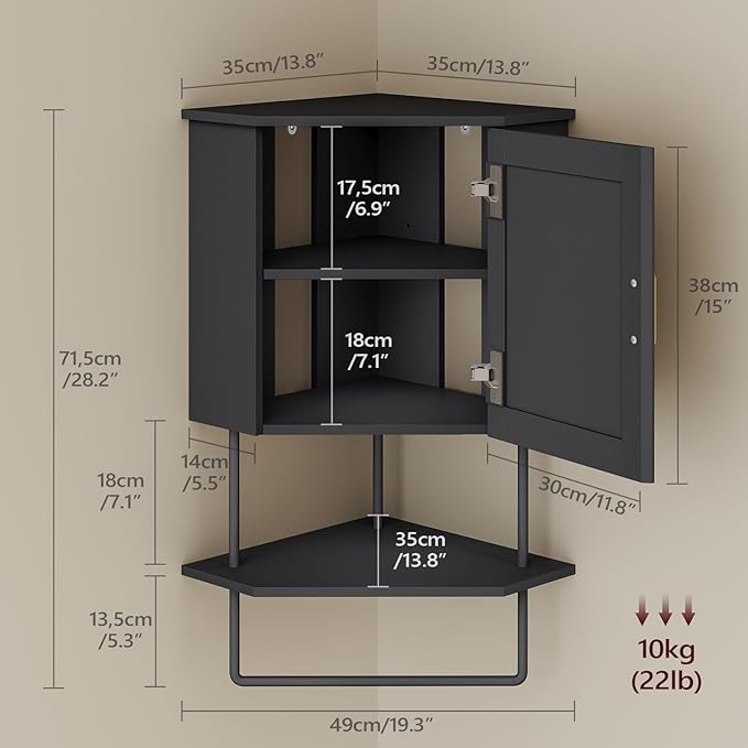 MAHANCRIS Bathroom Wall Cabinet, Corner Wall Mount Medicine Cabinet with Adjustable Shelf & Towel Bar, 3-Tier Over Toilet Storage Cabinets for Bathroom Laundry Room Kitchen, for Small Space, Black