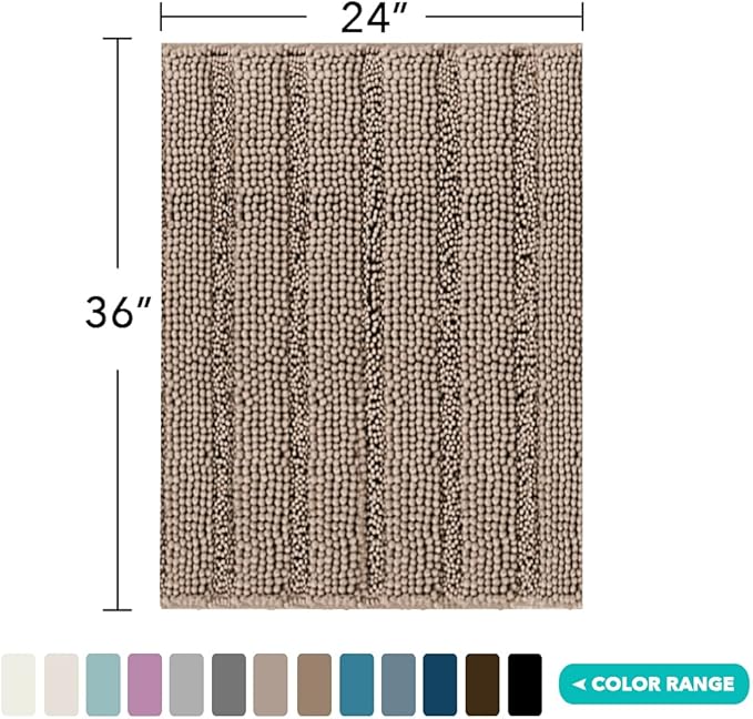 Turquoize Chenille Bath Rug - Shaggy Non Slip Mat for Bathroom - Extra Soft and Absorbent Area Rug, 24"x 36", Taupe Brown