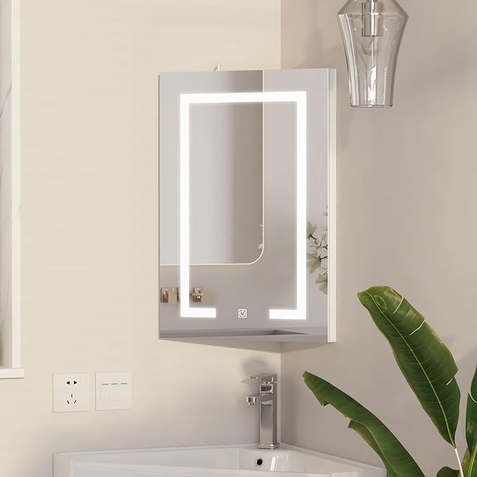 Corner Medicine Cabinet with Mirror,Lighted Medicine Cabinet with 2 Storage Shelf, 24" Bathroom Mirror Cabinet,Wall Mounted,Opens Right to Left,White,24" x16"