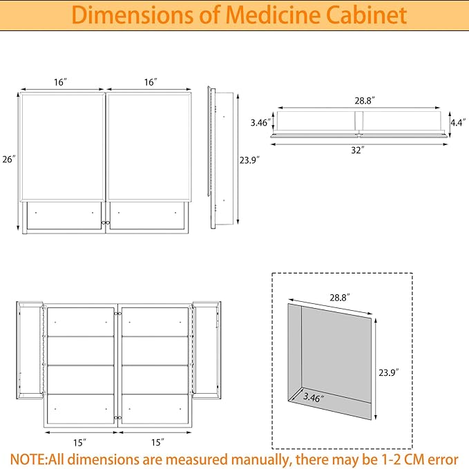 32 x 26 Inches Bathroom Medicine Cabinet with Mirror, Double Door Bathroom Mirror Cabinet, Surface or Recessed Mount White Storage Cabinet, Frameless Beveled Edge Wall Mounted Mirror Cabinet