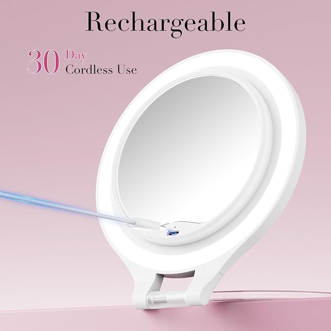 FASCINATE 30X/1X Lighted Magnifying Mirror, Rechargeable Double Sided Travel Makeup Mirror with 3 Color Lighting, Adjustable Stand, Portable Vanity Mirror, Includes Hair Clip