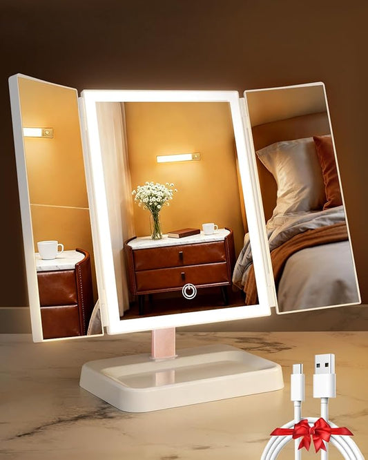 Trifold Vanity Mirror with Lights, 1X/2X/3X Magnification Makeup Mirror, 9" L x 14" W Large Desk Mirror, Ideal for Mom, Wife, Women & Teens