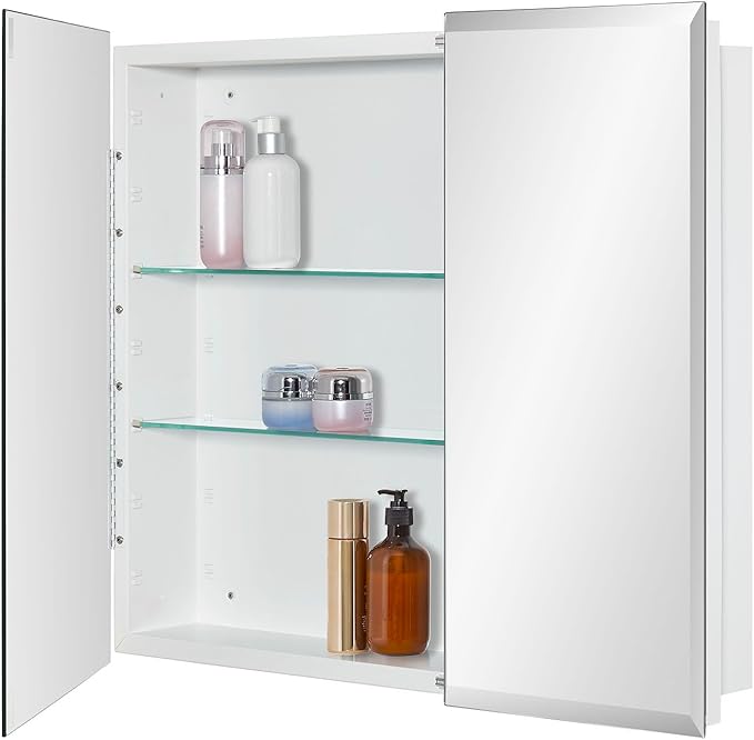 IDYLLOR Bathroom Medicine Cabinet with Beveled Edge Mirrored Door 30 x 26 inch, Recessed or Surface Mount, with Adjustable Glass Shelves