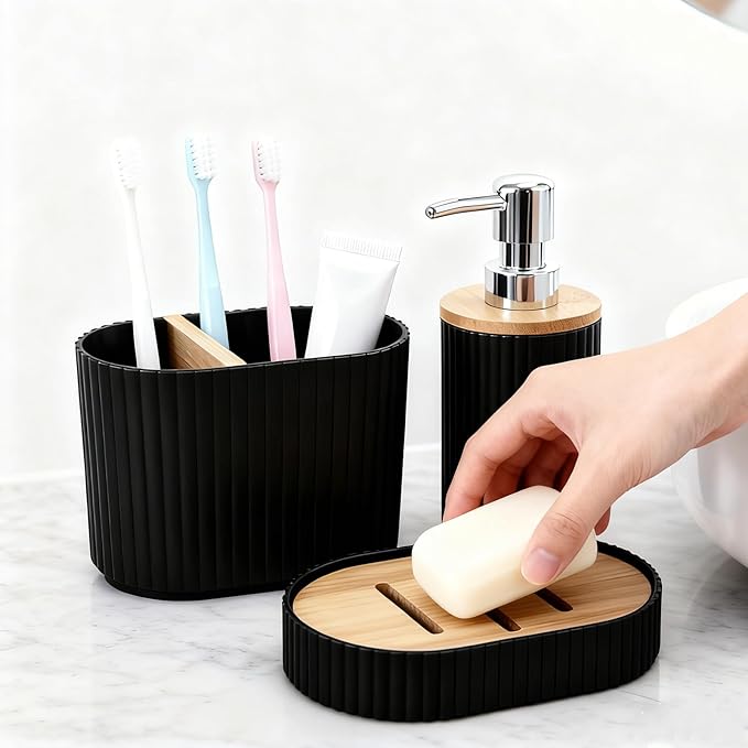 23 Pcs Bathroom Set with Shower Curtain and Rugs Black Bathroom Accessory Set, Shower Curtain with Liner, Memory Foam Bathroom Rugs, Toilet Brush, Trash Can, Soap Dispenser, Countertop Set