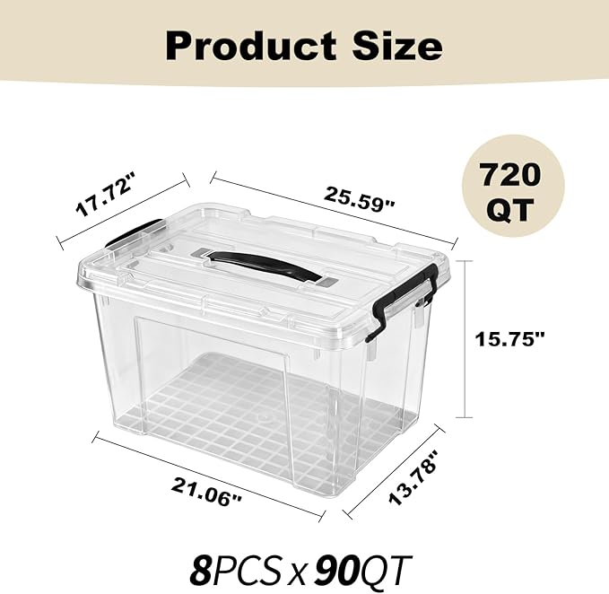 8 Pack 90 Qt Clear Large Storage Bins with Lids, Stackable Plastic Organizer for Home, Office, Garage, BPA-Free, Heavy-Duty, See-Through Containers with Secure Latches & Handles