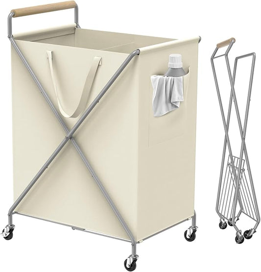 Foldable Metal Laundry Basket with Wheels, 2-Section Rolling Laundry Hamper, 37 Gallons (140L), Removable Liner, Steel Frame with Wooden Handle, Cream White