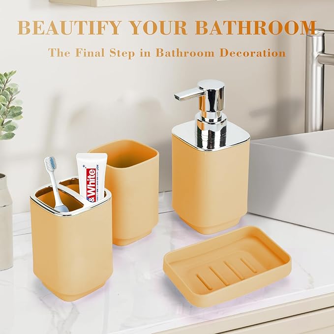 4Pack Bathroom Accessories Set, Bohemian Bathroom Sink Set, Contain Soap Dispenser, Toothbrush Holder, Soap Dish & Mouthwash Cup,Square soap and Toothbrush Holder Set