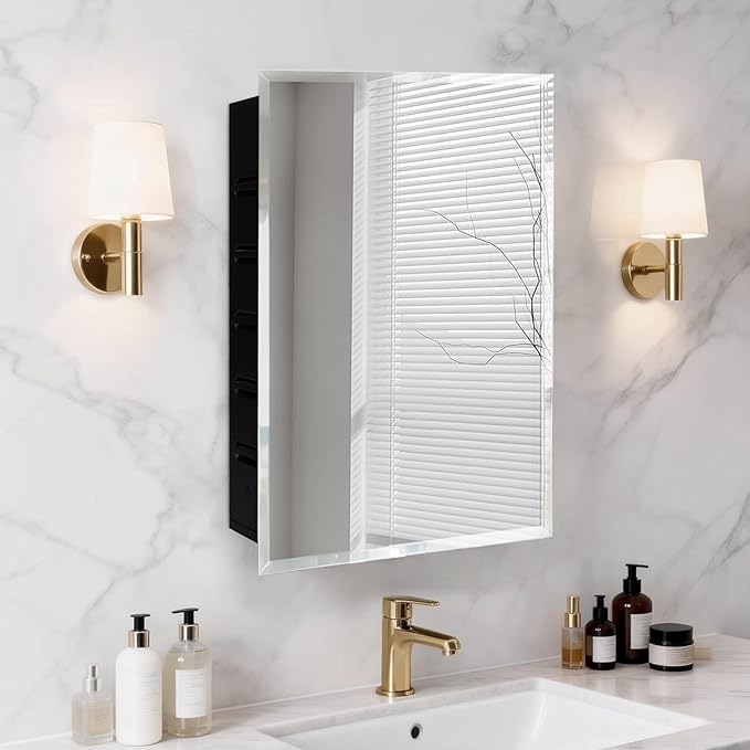16x20'' Bathroom Medicine Cabinet Mirror with Storage, Surface Mount or Recessed Medicine Cabinet with 3-Tiered Adjustable Tempered Glass Shelves