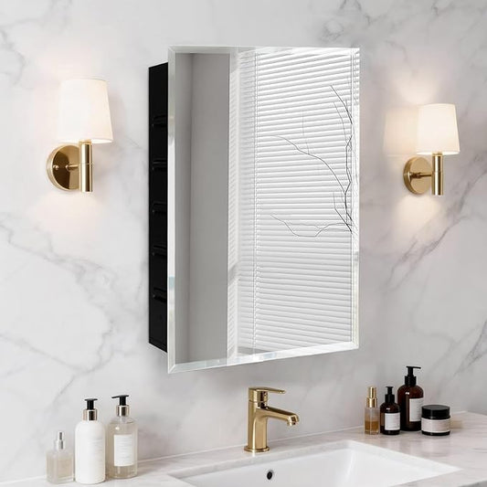 16x20'' Bathroom Medicine Cabinet Mirror with Storage, Surface Mount or Recessed Medicine Cabinet with 3-Tiered Adjustable Tempered Glass Shelves
