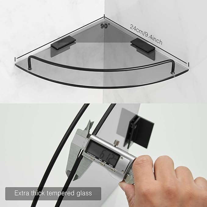 Voldra Glass Corner Shower Caddy, 2 Pack Adhesive Corner Shower Shelves for Inside Shower No Drilling, Tempered Glass Bathroom Corner Shelf with Guardrail Bathroom Shower Organizer Storage Rack(Black)