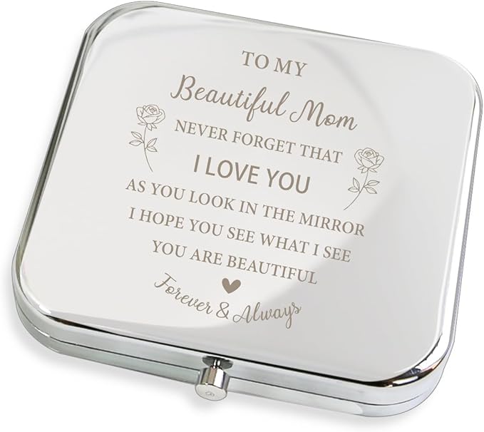 Mom Gifts from Daughter Son, Sentimental Mothers Day Birthday Gifts for Mom, Personalized Compact Mirrors, Custom Engraved Gift for Mother Silver