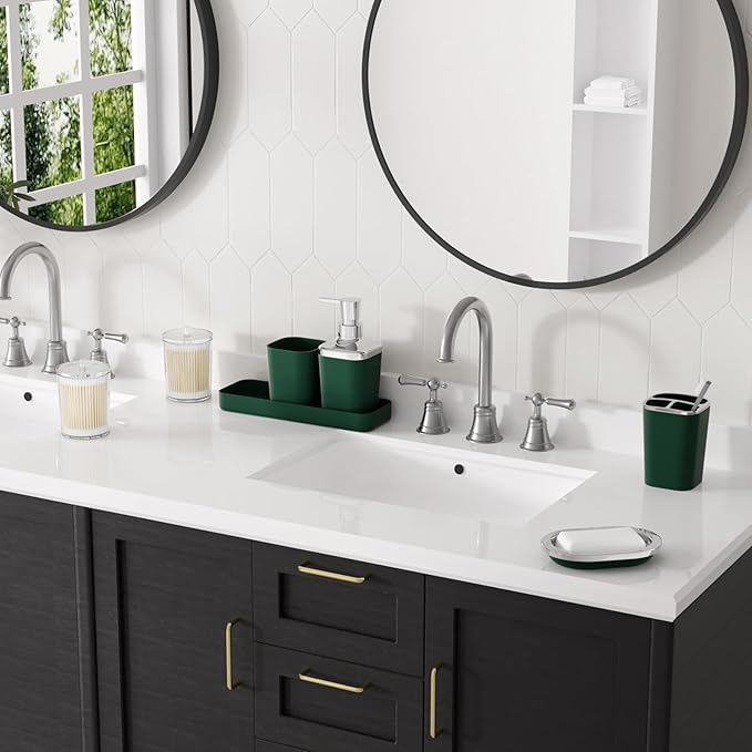 XLHOMO Dark Green Bathroom Accessories Set, Green Bathroom Set with Trash Can, Toothbrush Holder, Toothbrush Cup, Soap Dispenser, Soap Dish, Toilet Brush Holder, 2 Qtip Holder Dispensers and Tray