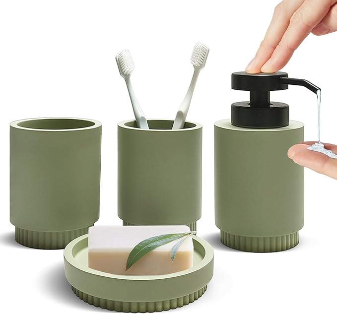 Resin Bathroom Accessories Set, 4 Pcs Modern Bathroom Accessory Set with Liquid Plastic Pump Lotion Soap Dispenser,2 Toothbrush Cup, Soap Dish Countertop Vanity Organizer(Sage Green)