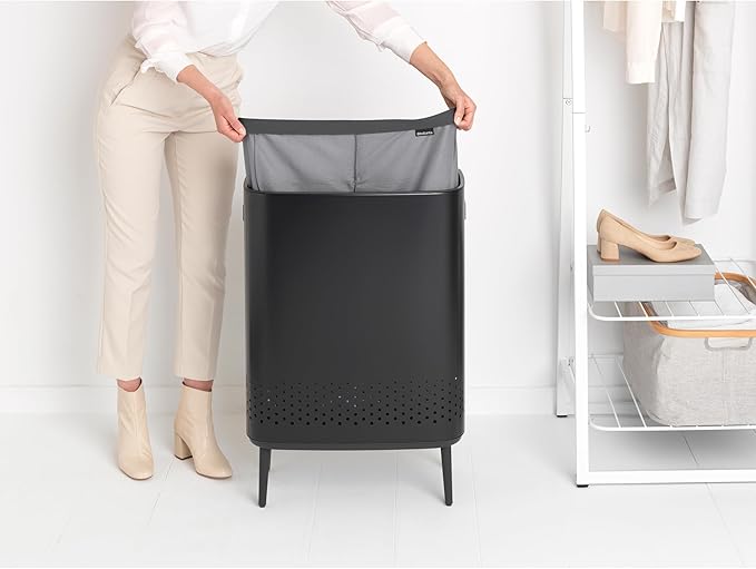 Brabantia Bo Laundry Hamper Hi (Matt Black) 2 Compartment Removable Laundry Bag 2 x 12 Gal, Ventilated Stylish Dirty Clothes Holder, Flat Back, Off-the Ground, Anti-Rust Materials for Bathroom Use