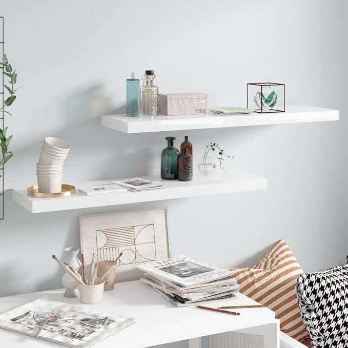 Floating Wall Shelves 2 Pack High Gloss White Modern Display Rack 35.4x9.3 Inches for Living Room Bedroom Office Decor with Invisible Mounting System