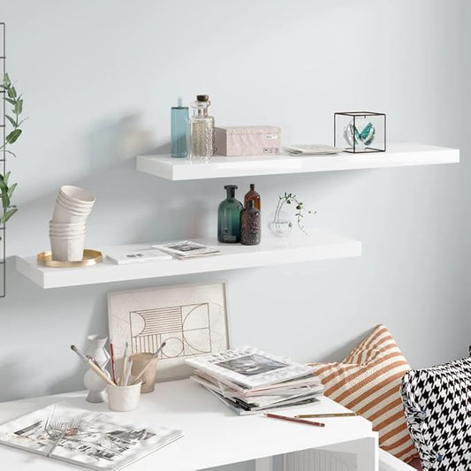 Floating Wall Shelves 2 Pack High Gloss White Modern Display Rack 35.4x9.3 Inches for Living Room Bedroom Office Decor with Invisible Mounting System