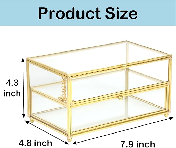 2-Tier Vintage Clear Desk Organizer with Drawer,Gold Decorative Storage Boxes,Jewelry Holder Display Tray Trinket Boxes Glass Memory Keepsake Box Dresser Vanity Wedding Decor Gifts for Her (Gold)