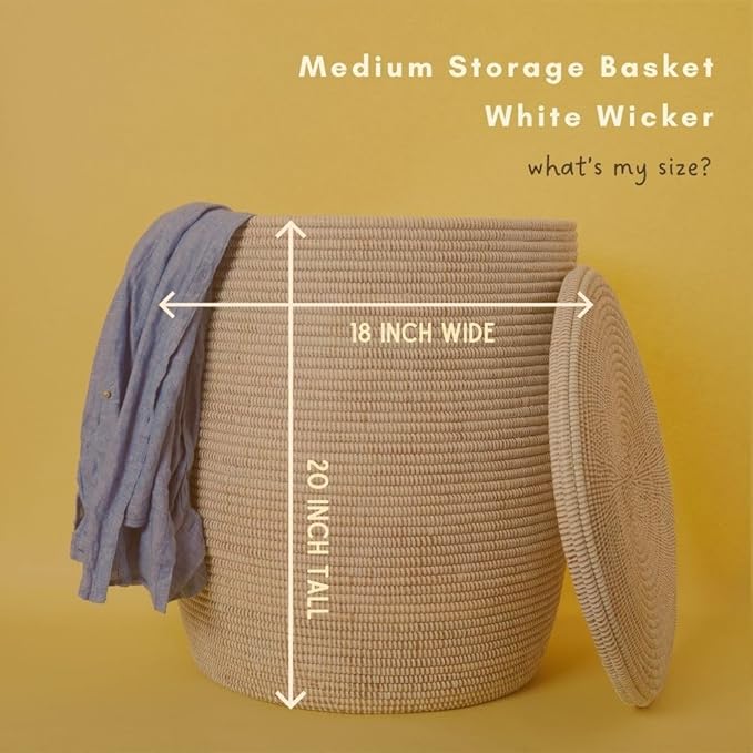 White Basket with Lid, Medium Size, 20 Inch Tall, 18 Inch Wide